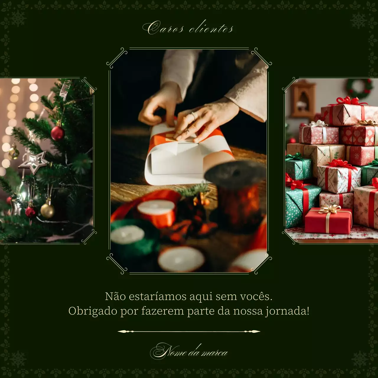 Cartão de Natal minimalista clássico em verde e bege para redes sociais.