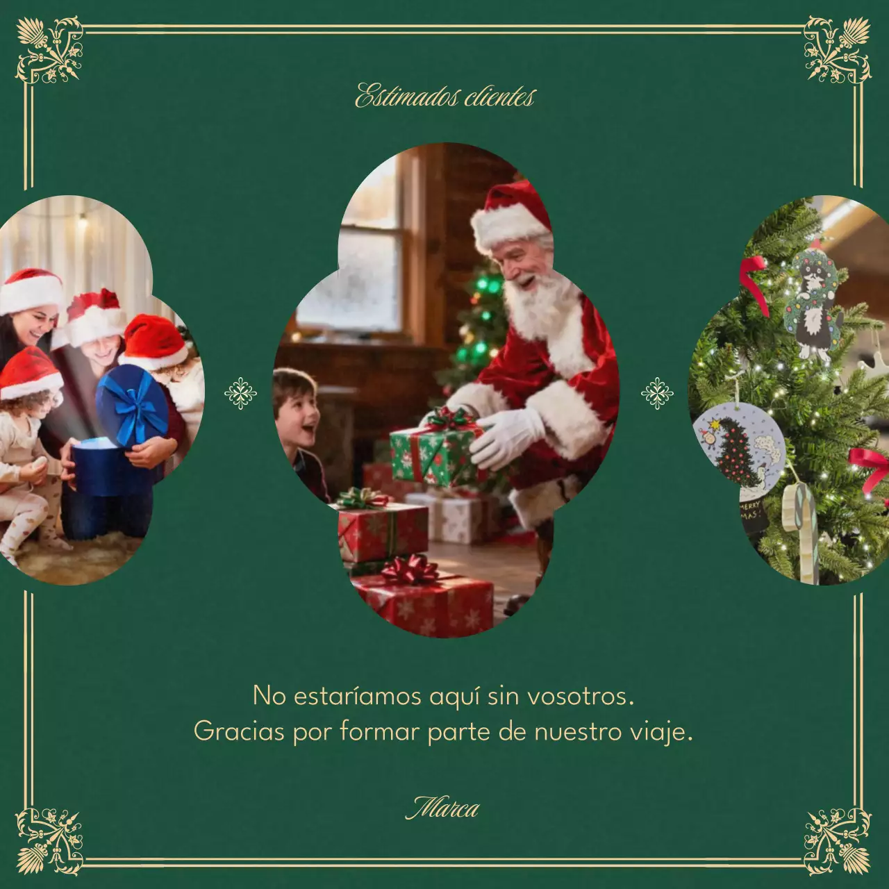 Tarjeta de felicitación navideña clásica vintage verde y dorada para redes sociales