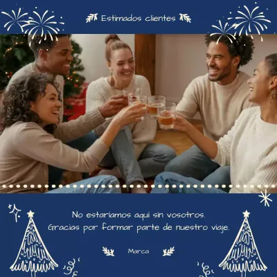 Cuadrado ilustrativo de felicitación de Año Nuevo en redes sociales con garabatos azules y crema