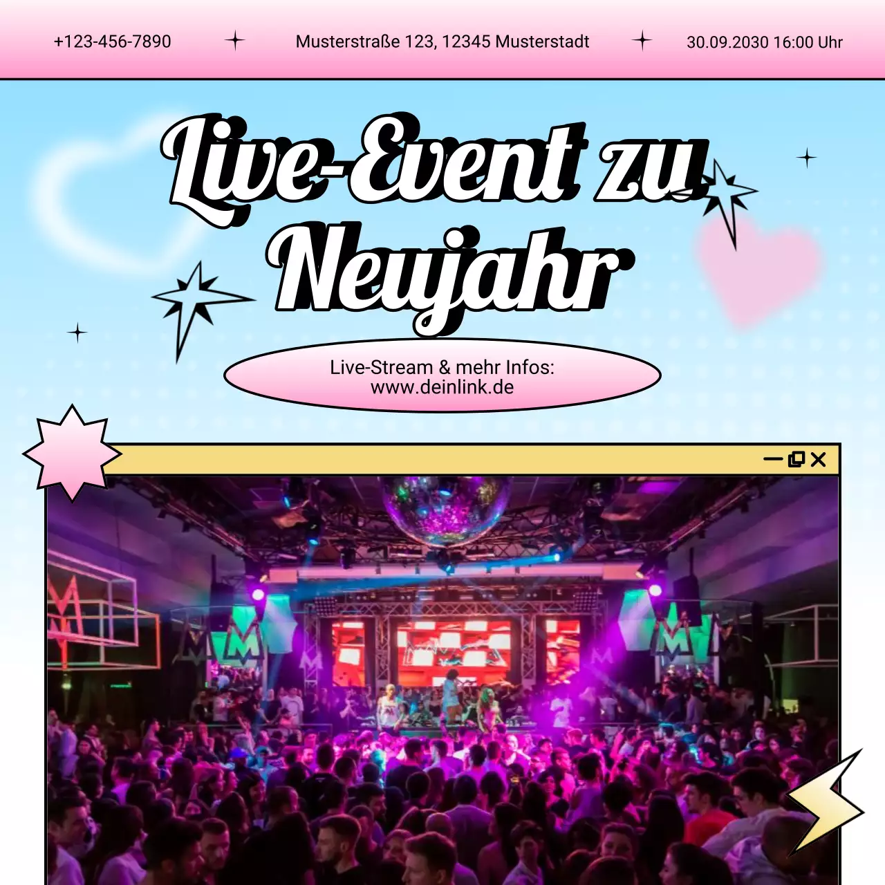 Ankündigung eines Y2K-Events in Blau und Pink für die sozialen Medien zum neuen Jahr