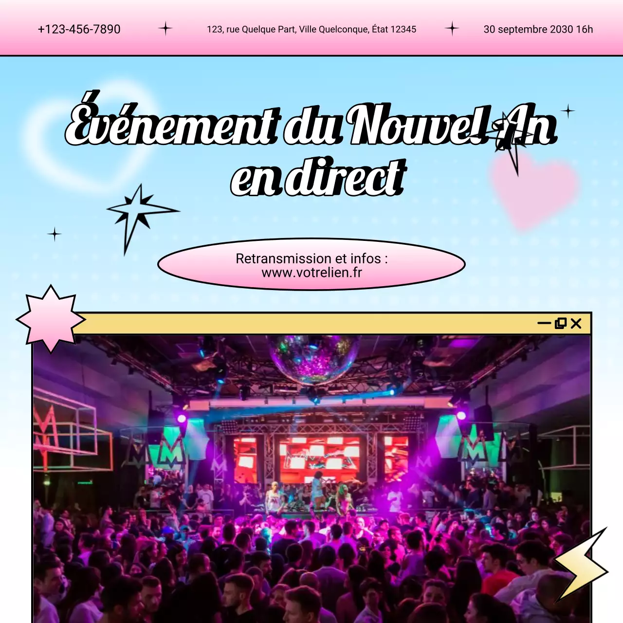Annonce de l'événement Blue Pink Y2K pour les réseaux sociaux du Nouvel An
