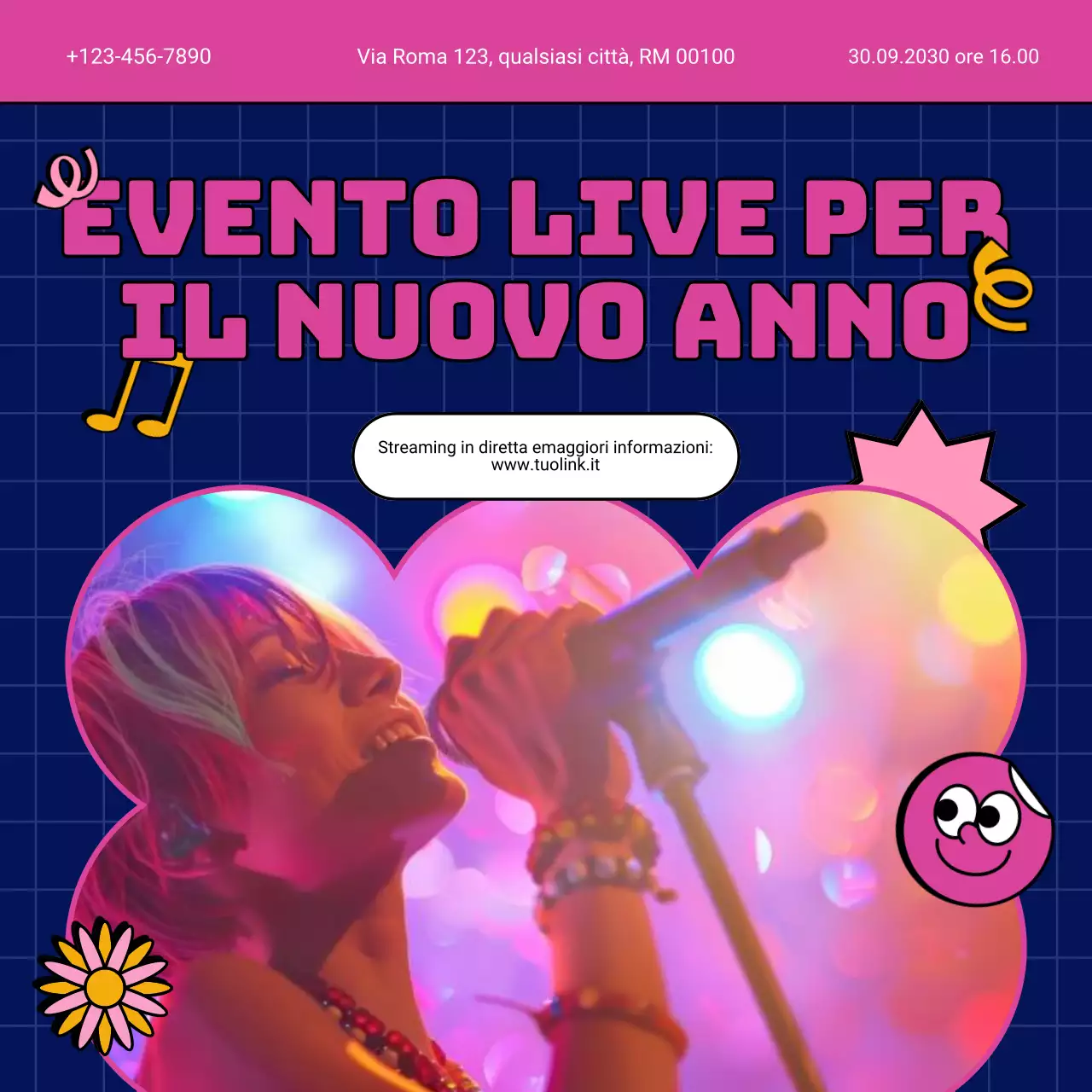 Annuncio dell'evento retrò giallo rosa per i social media di Capodanno