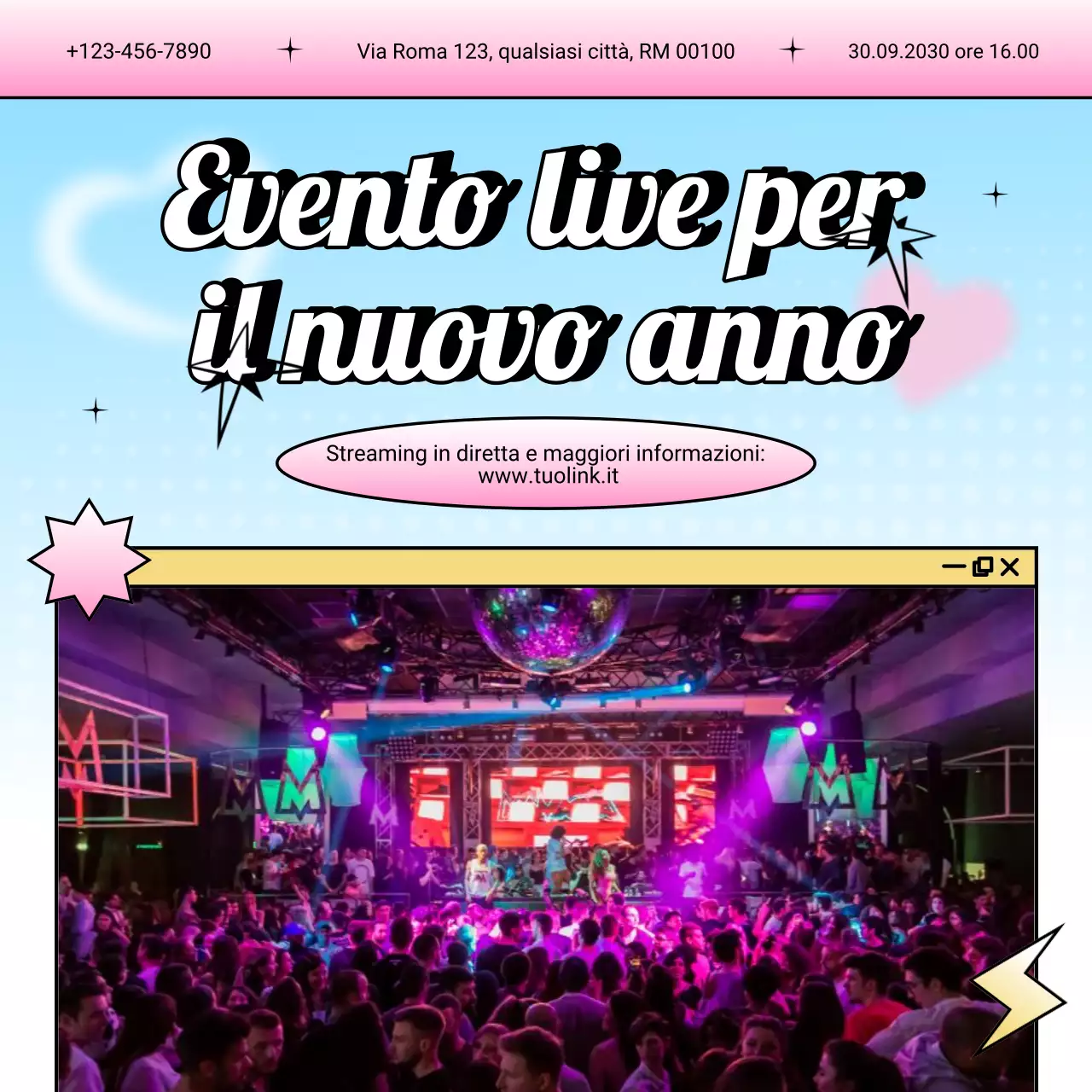 Annuncio dell'evento Blue Pink Y2K per i social media di Capodanno