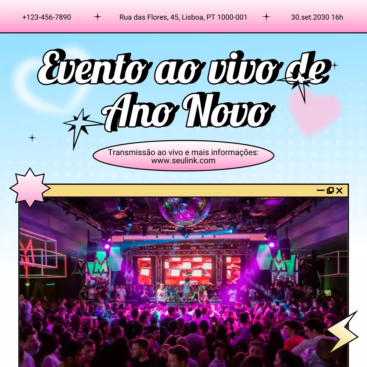 Anúncio do evento Blue Pink Y2K para o Ano Novo nas redes sociais