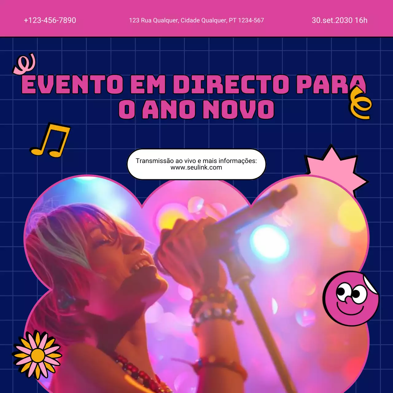 Anúncio de evento retrô em amarelo e rosa para o Ano Novo nas redes sociais