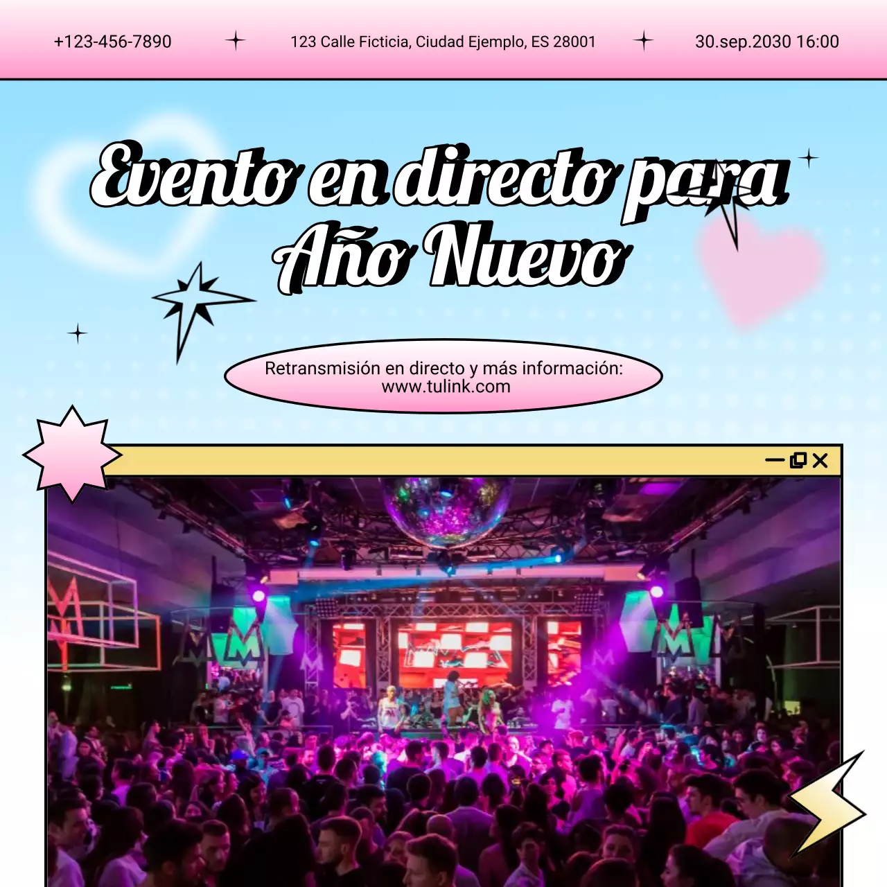 Anuncio del evento Y2K azul y rosa para redes sociales de Año Nuevo