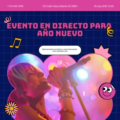 Anuncio del evento retro amarillo y rosa para redes sociales de Año Nuevo