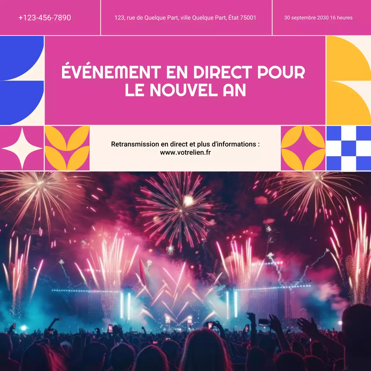 Annonce d'événement géométrique rose pour le Nouvel An sur les réseaux sociaux