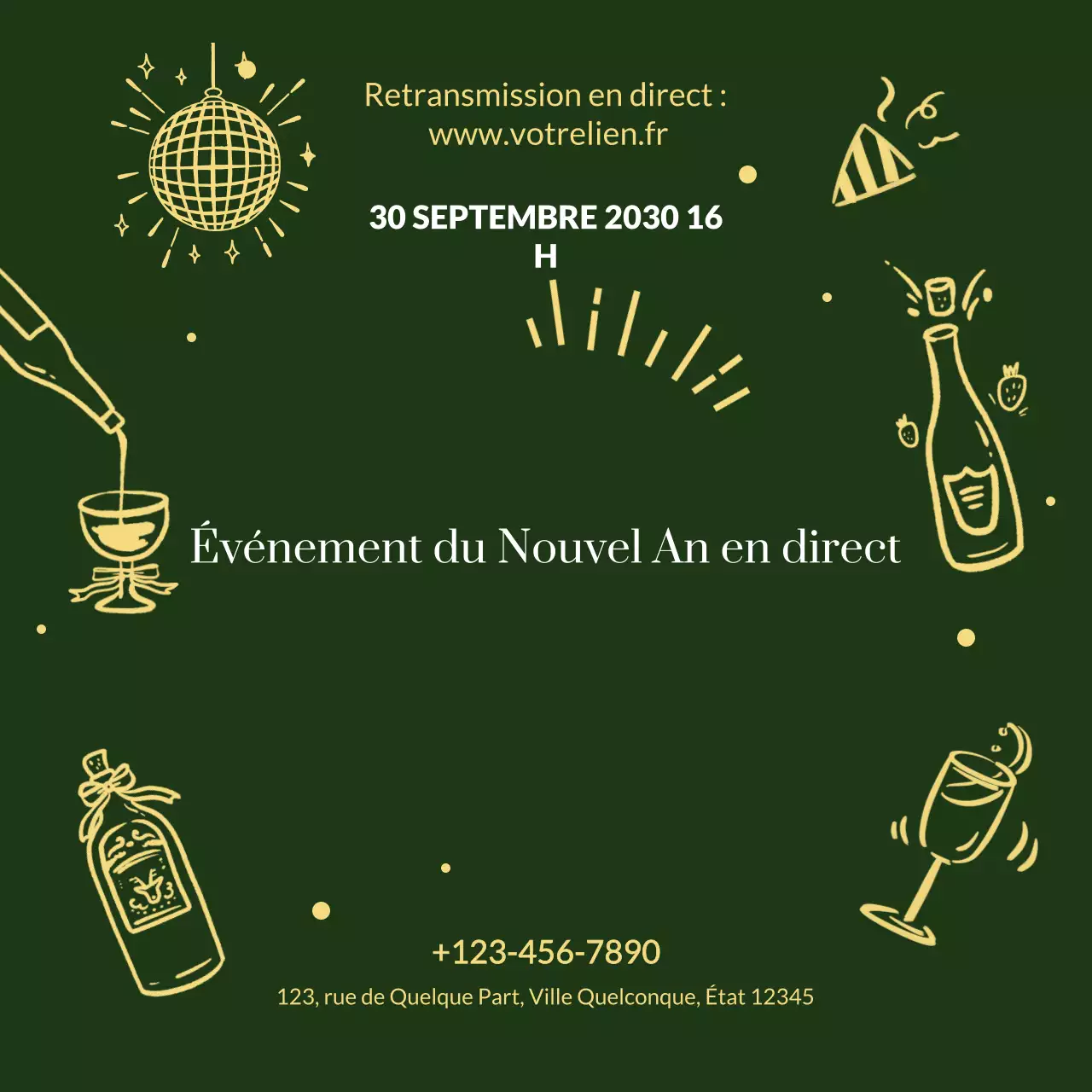 Annonce d'événement dessinée à la main en or et émeraude pour les réseaux sociaux du Nouvel An