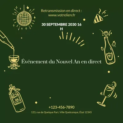 Annonce d'événement dessinée à la main en or et émeraude pour les réseaux sociaux du Nouvel An