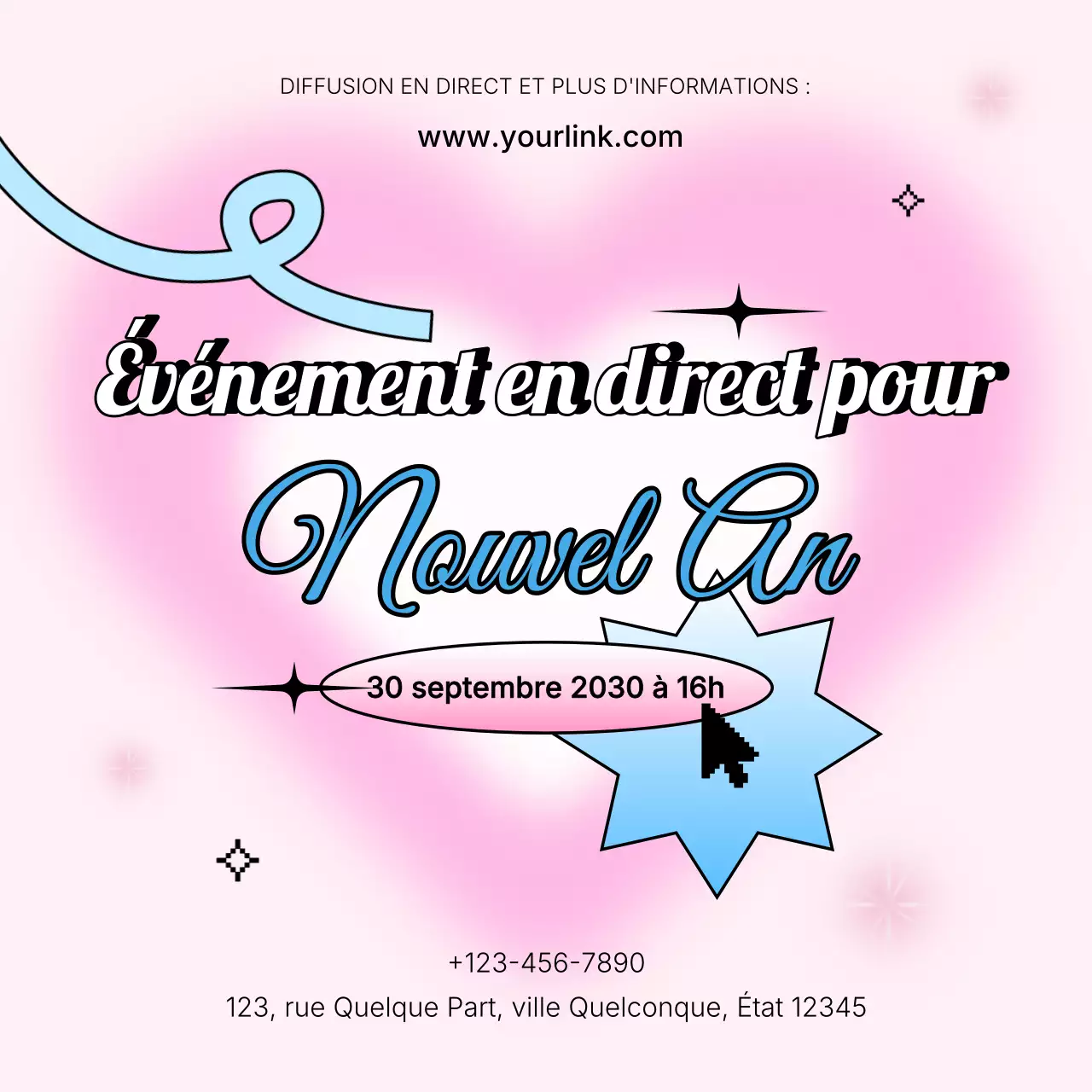 Annonce d'un événement rose et bleu Y2K pour les réseaux sociaux du Nouvel An