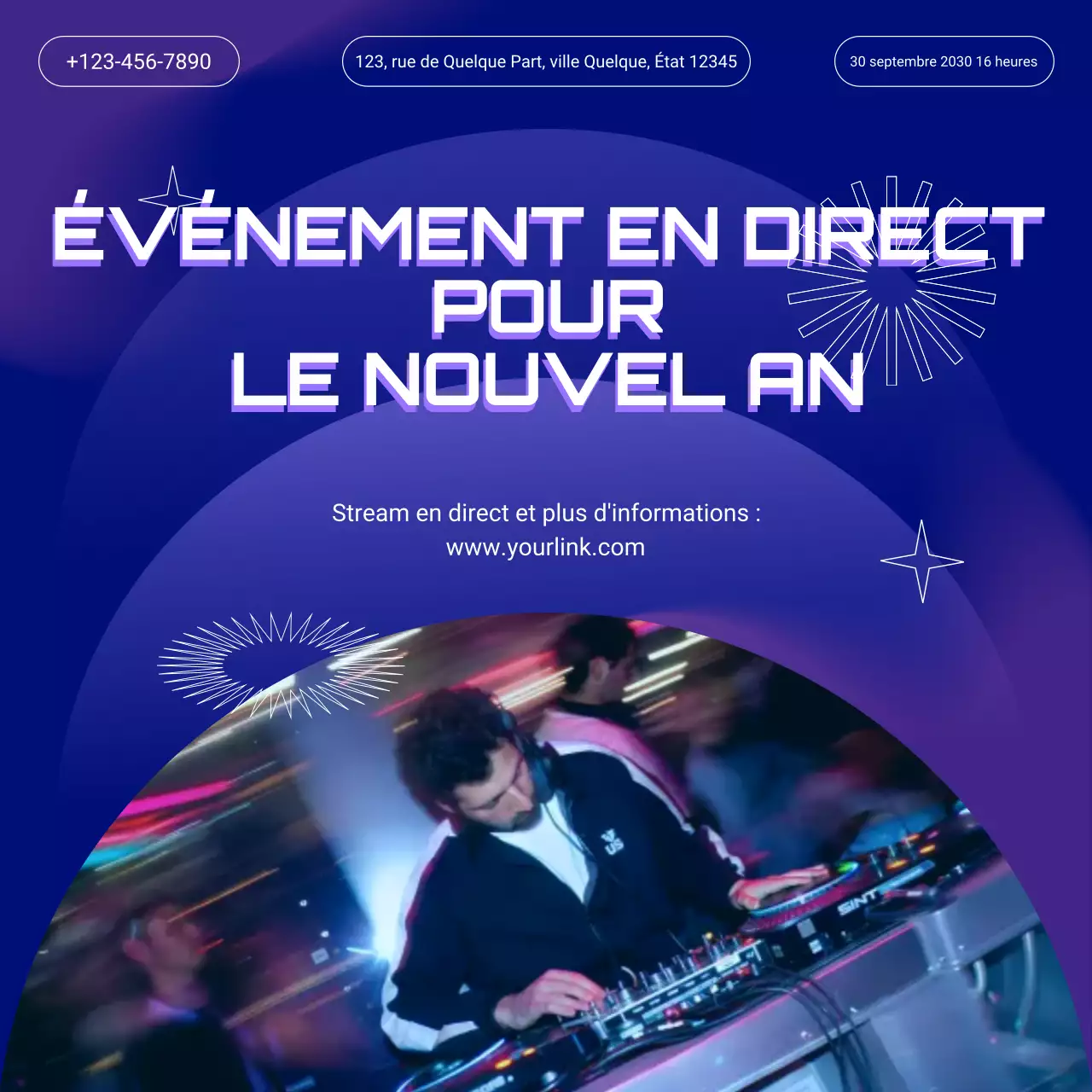 Annonce d'un événement à dégradé violet pour le Nouvel An sur les réseaux sociaux