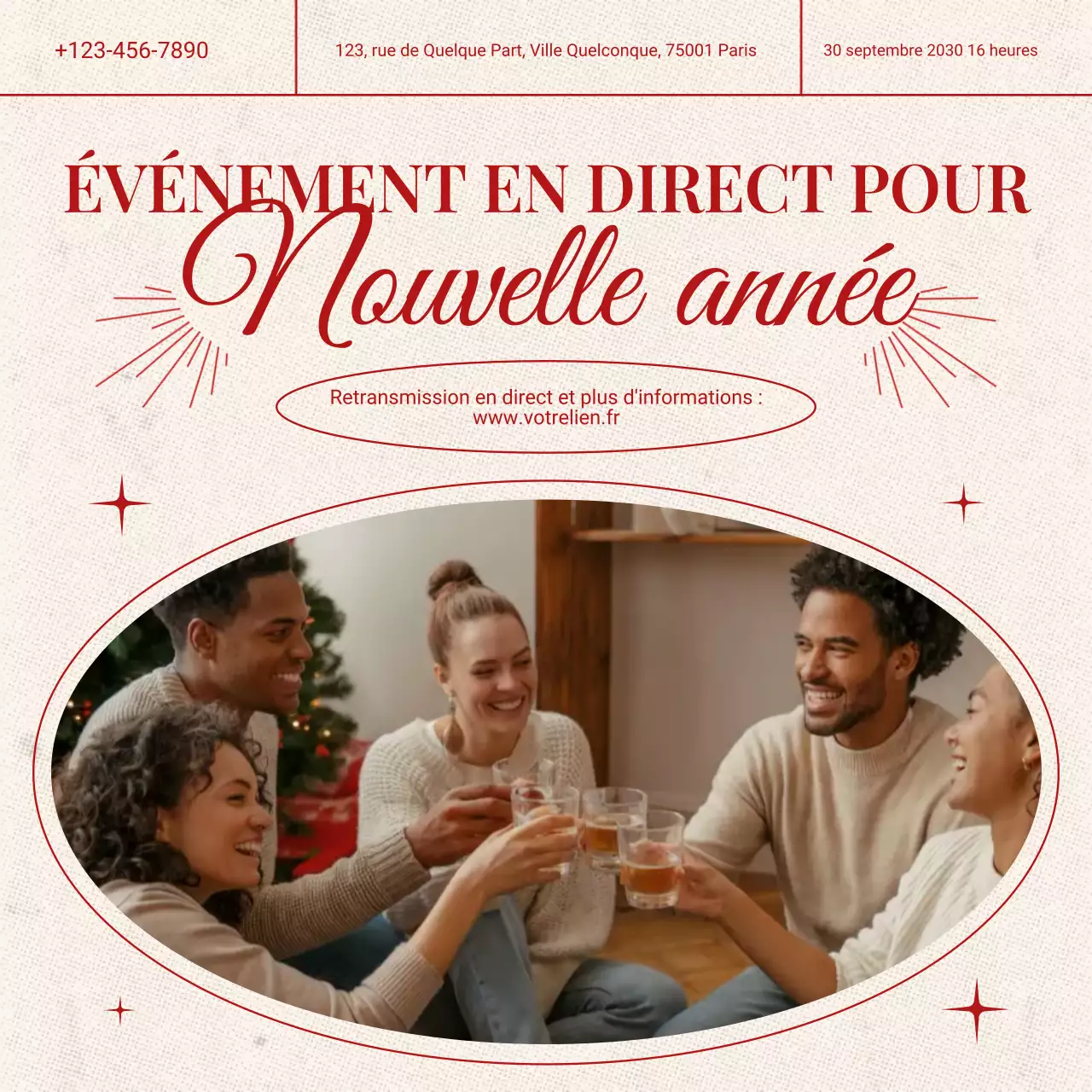 Annonce d'un événement minimaliste rouge et beige pour le Nouvel An sur les réseaux sociaux