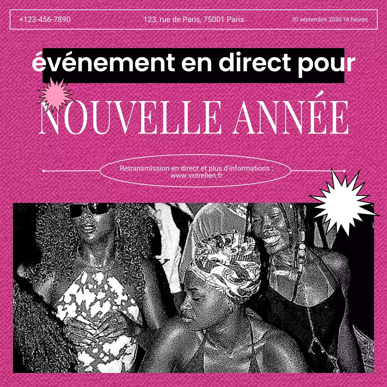 Annonce d'un événement rose et ludique pour le Nouvel An sur les réseaux sociaux