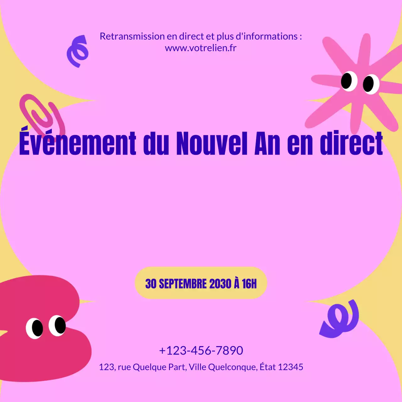 Annonce d'événement ludique rose et jaune pour le Nouvel An sur les réseaux sociaux