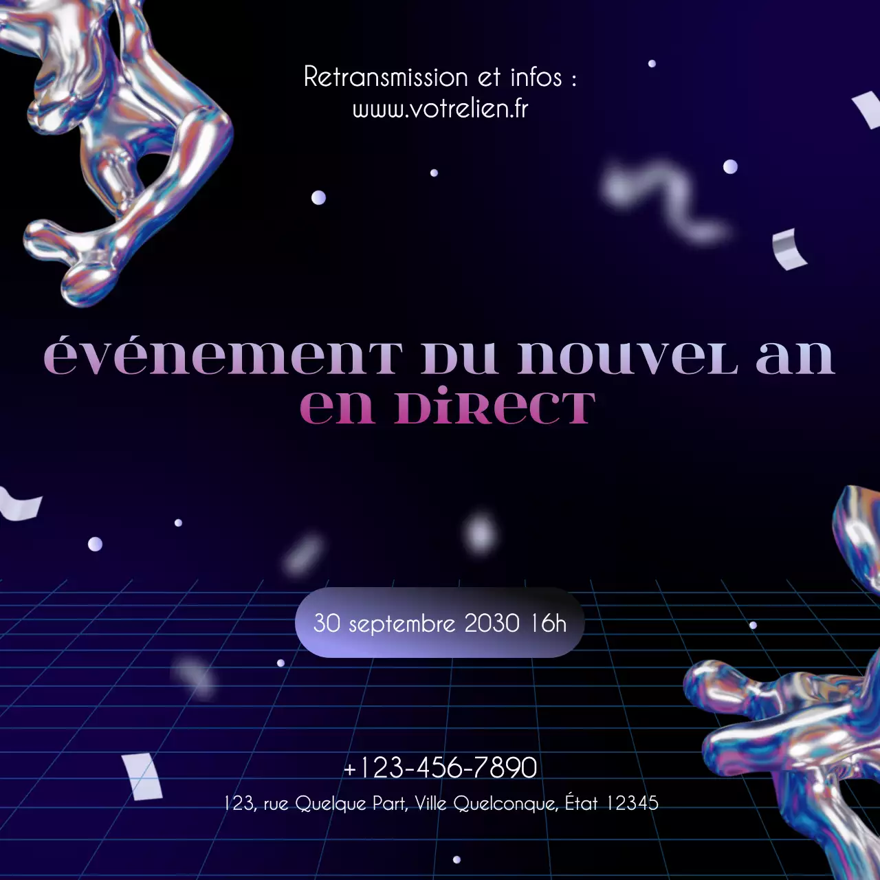 Annonce d'événement abstrait argent et violet pour le Nouvel An sur les réseaux sociaux