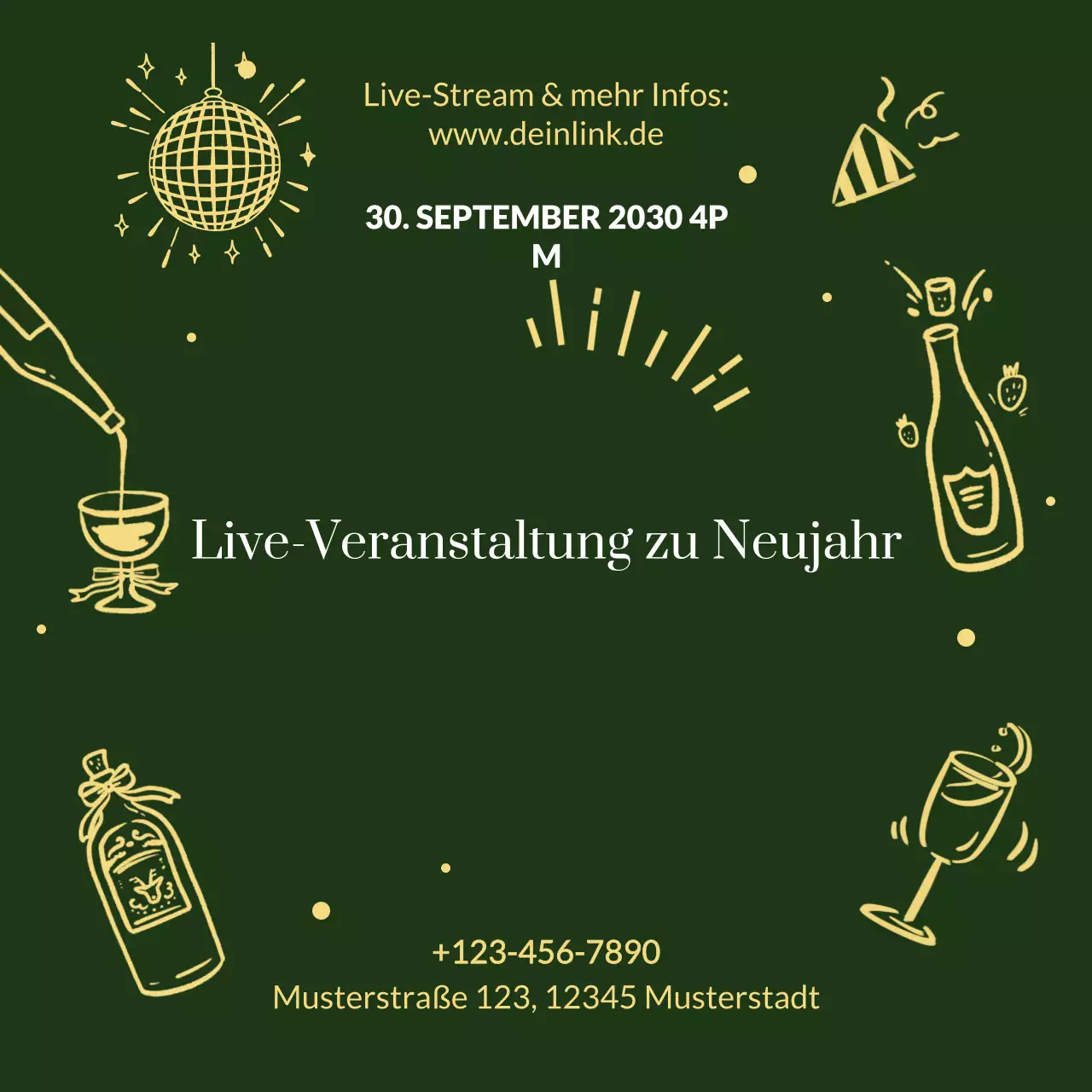 Ankündigung einer handgezeichneten Veranstaltung mit Gold Emerald für die sozialen Medien zum neuen Jahr