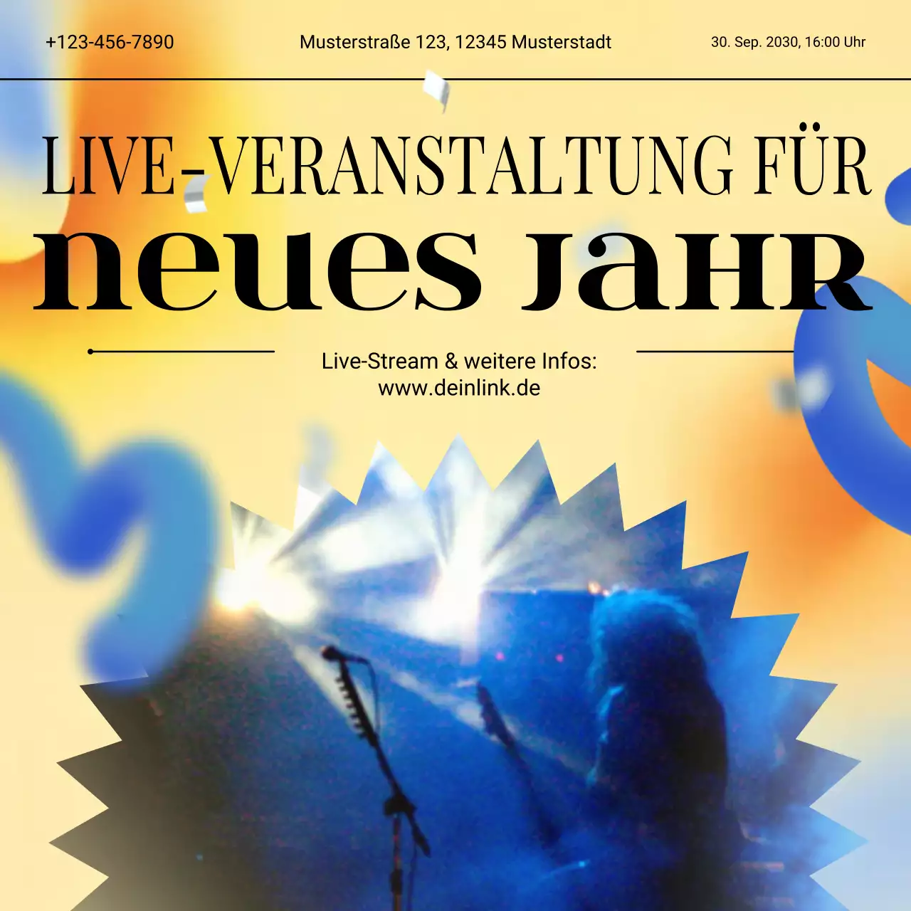 Ankündigung eines Events mit gelb-blauem Farbverlauf für die sozialen Medien zum neuen Jahr