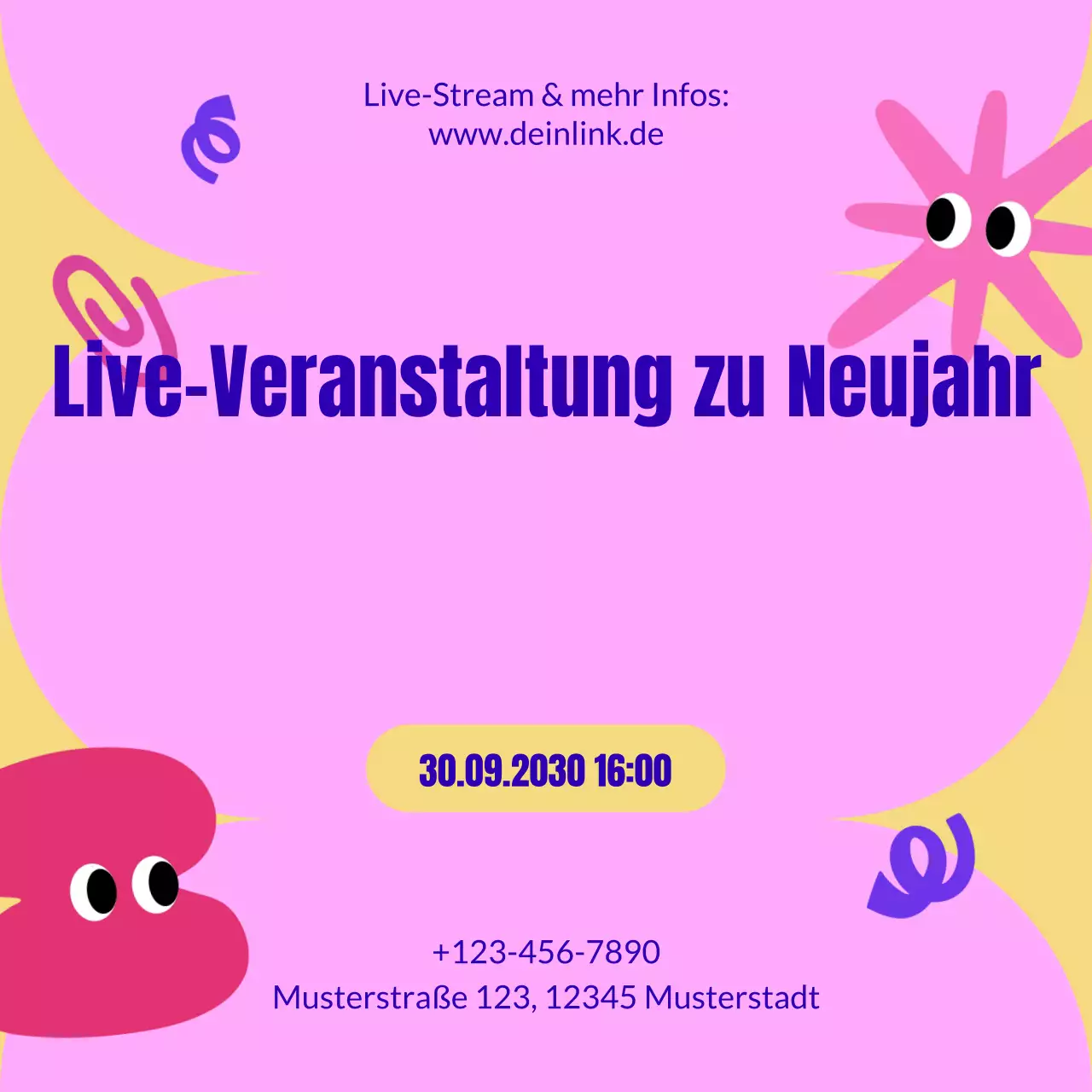 Pink-gelbe, verspielte Event-Ankündigung für die sozialen Medien zum neuen Jahr