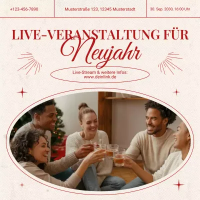 Ankündigung eines minimalistischen Events in Rot und Beige für die sozialen Medien zum neuen Jahr