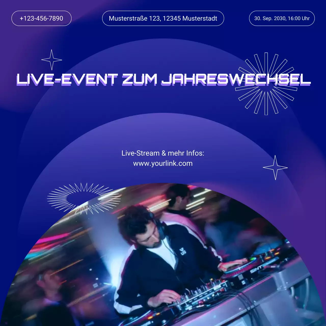 Ankündigung eines Events mit lila Farbverlauf für die sozialen Medien zum neuen Jahr