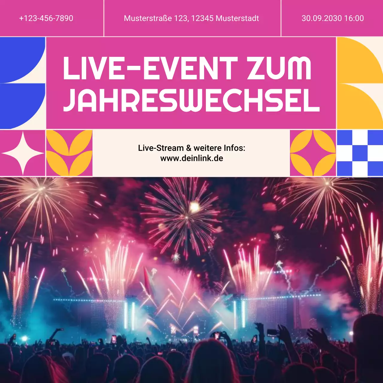 Ankündigung eines Events mit pinkfarbenem geometrischem Muster für die sozialen Medien zum neuen Jahr