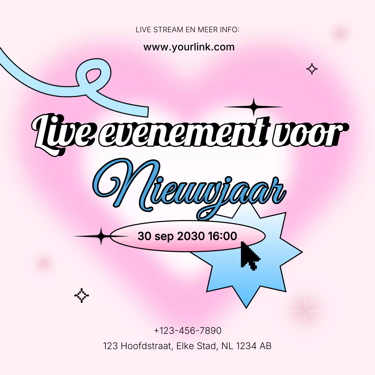 Roze Blauwe Y2K-evenementaankondiging voor Nieuwjaarssociale media