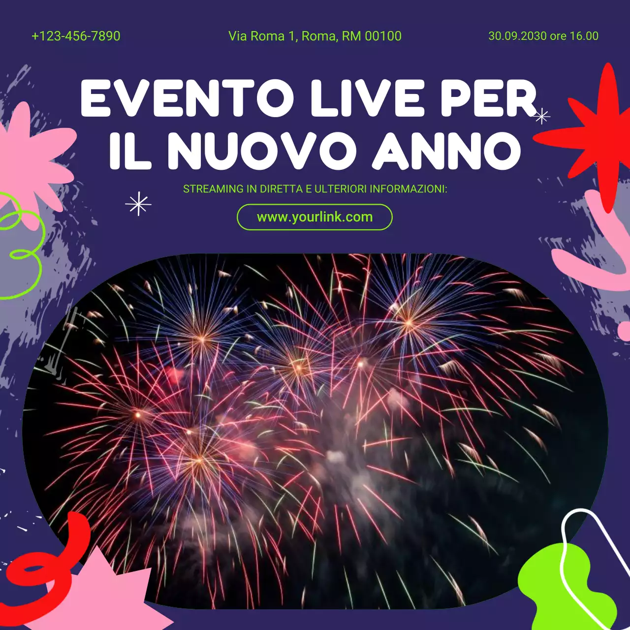 Annuncio dell'evento Blue Flat per i social media di Capodanno