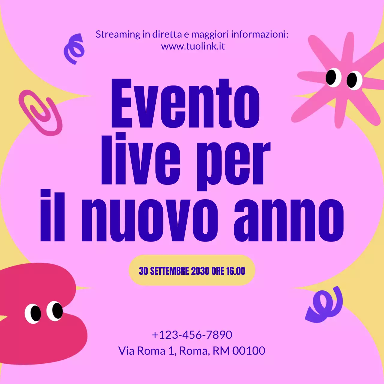 Annuncio di un evento giocoso rosa e giallo per i social media di Capodanno
