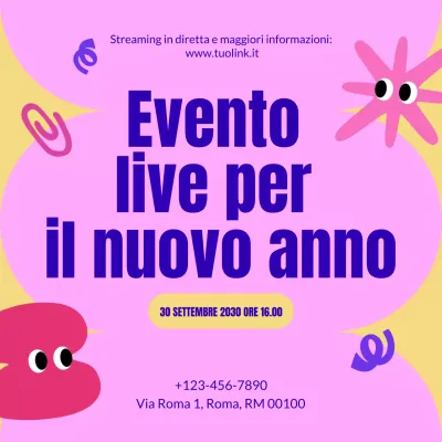 Annuncio di un evento giocoso rosa e giallo per i social media di Capodanno