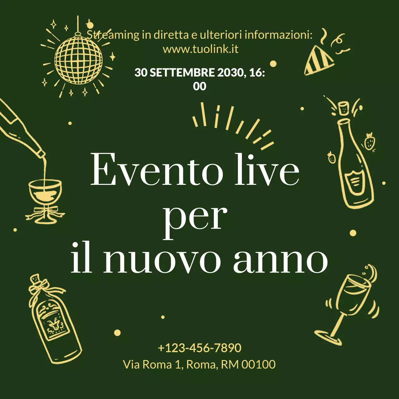 Annuncio dell'evento disegnato a mano con smeraldi in oro per i social media di Capodanno