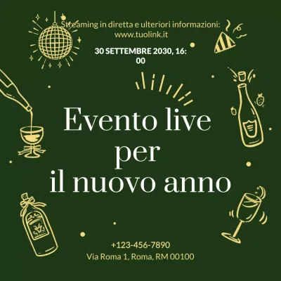 Annuncio dell'evento disegnato a mano con smeraldi in oro per i social media di Capodanno