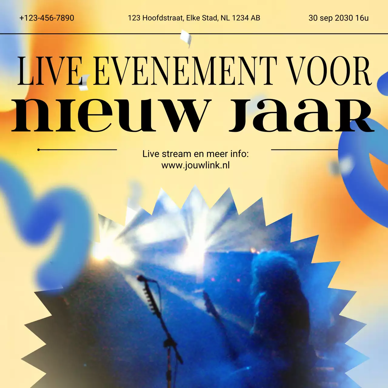 Aankondiging van een evenement met een geel-blauwe gradiënt voor het nieuwe jaar op sociale media