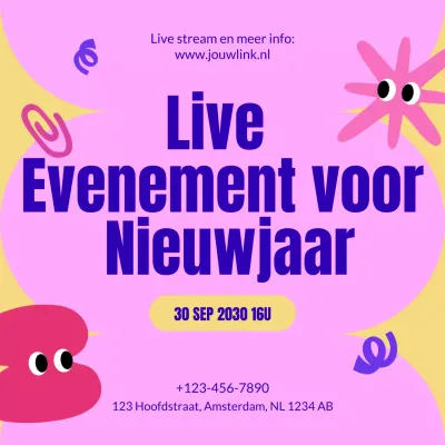 Roze Gele Speelse Evenementenaankondiging voor Nieuwjaar Social Media