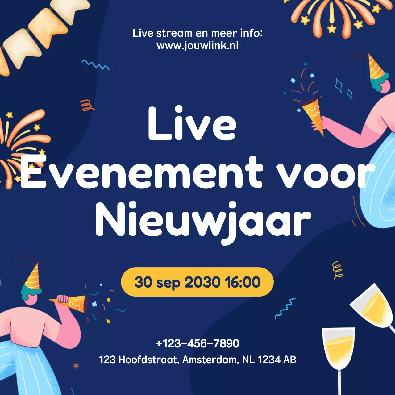 Blauwe geïllustreerde evenementaankondiging voor sociale media voor het nieuwe jaar