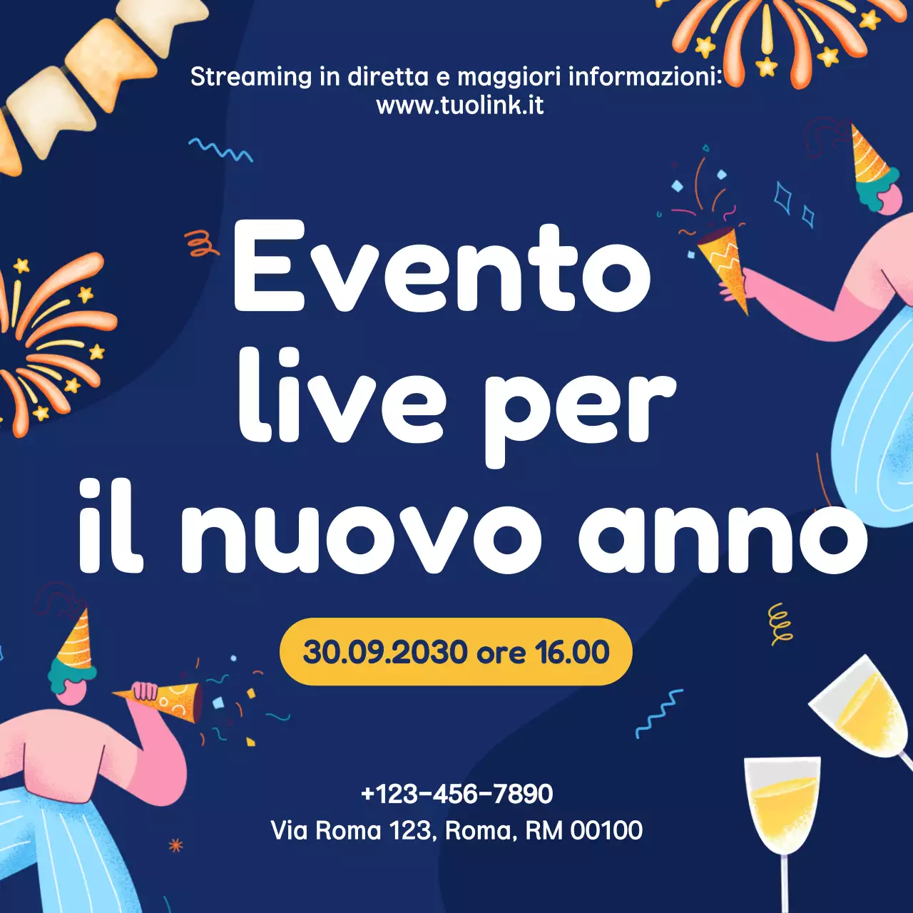 Annuncio dell'evento illustrato in blu per i social media di Capodanno