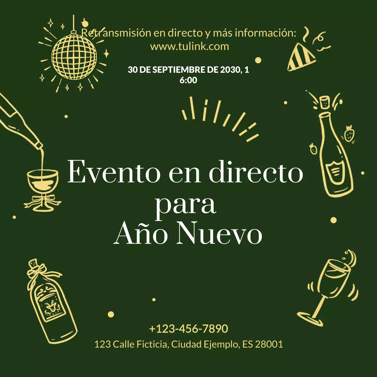 Anuncio de evento dibujado a mano con esmeraldas doradas para redes sociales de Año Nuevo