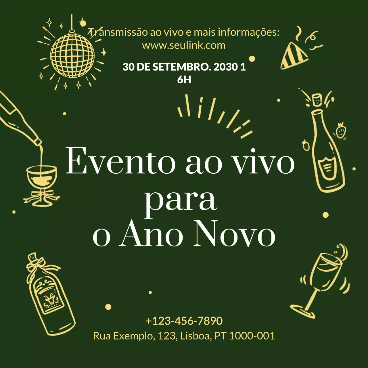 Anúncio de evento desenhado à mão com esmeralda dourada para o Ano Novo nas redes sociais