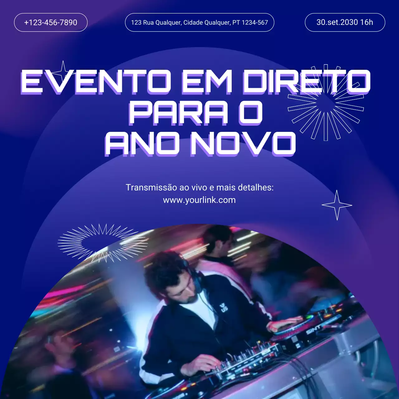 Anúncio de evento com degradê roxo para o Ano Novo nas redes sociais