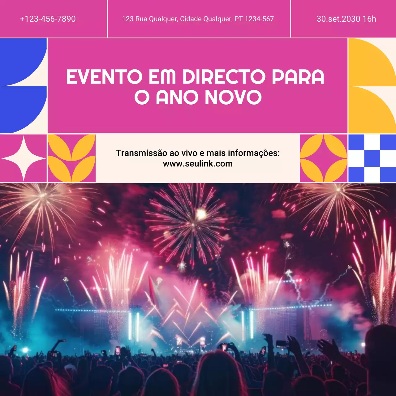Anúncio de evento geométrico rosa para o Ano Novo nas redes sociais