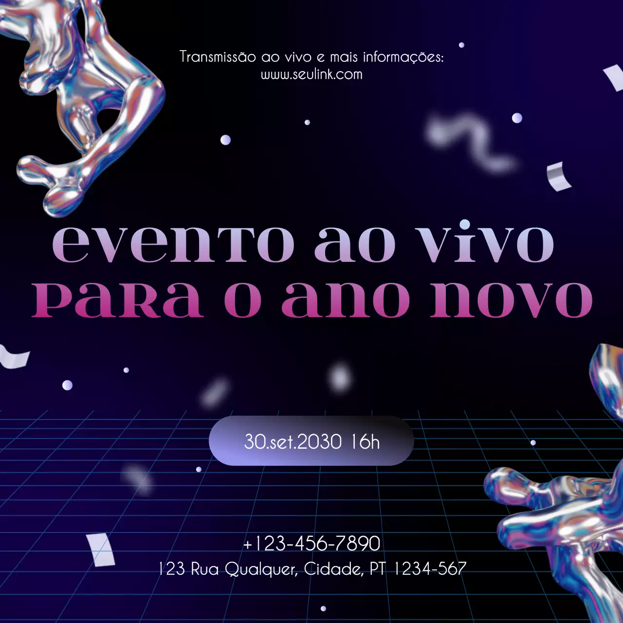 Anúncio abstrato em tons de prata e roxo para o Ano Novo nas redes sociais