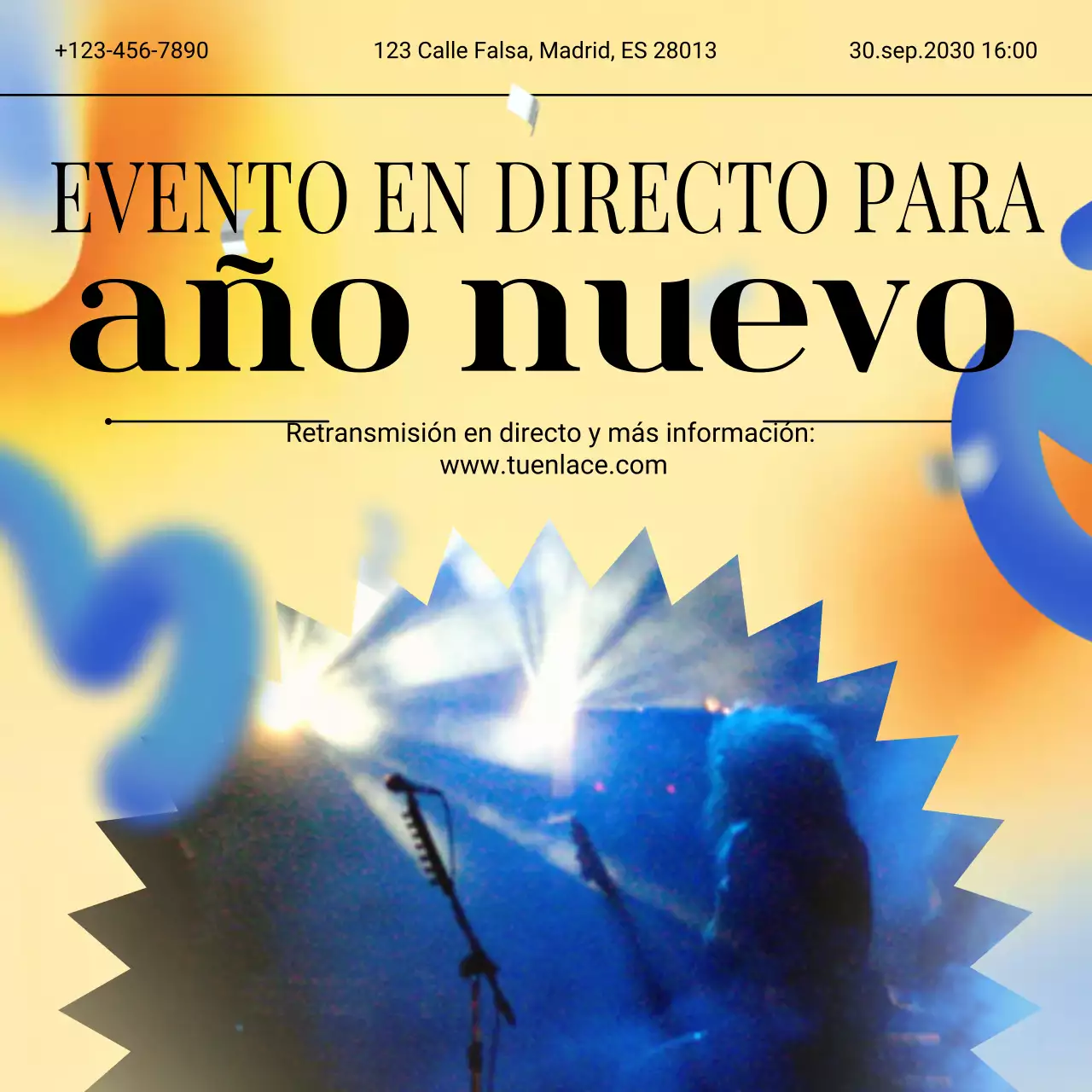 Anuncio de evento con degradado amarillo y azul para redes sociales de Año Nuevo