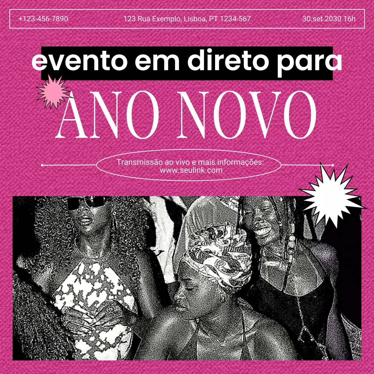 Anúncio de evento divertido e cor-de-rosa para o Ano Novo nas redes sociais