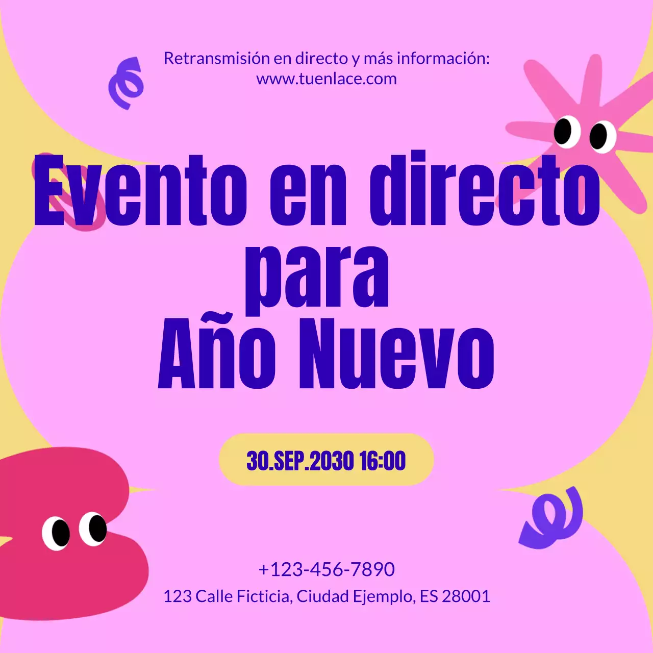 Anuncio de evento divertido en rosa y amarillo para redes sociales de Año Nuevo