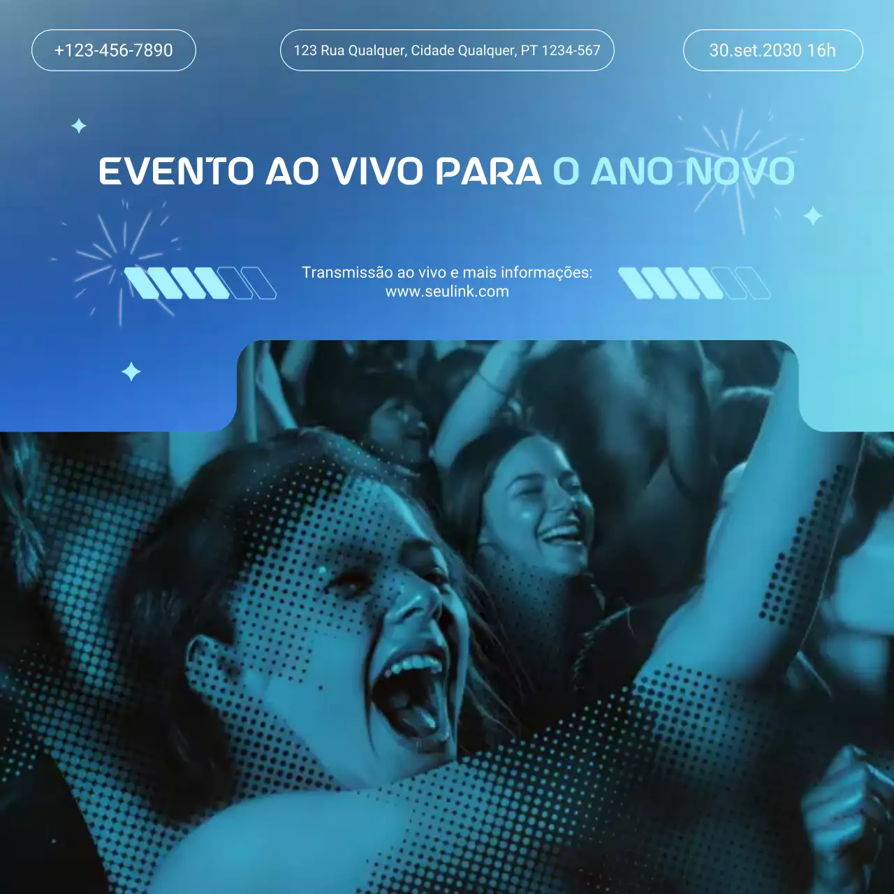 Anúncio de evento com degradê azul para o Ano Novo nas redes sociais
