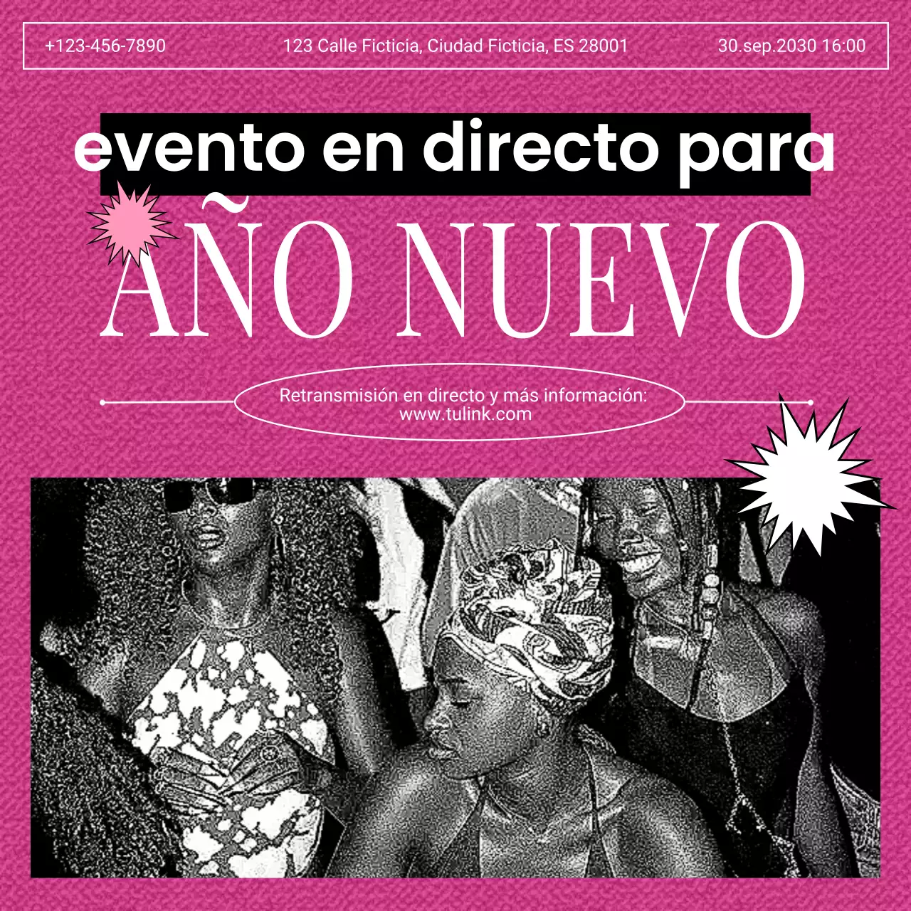 Anuncio de evento divertido en rosa para redes sociales de Año Nuevo