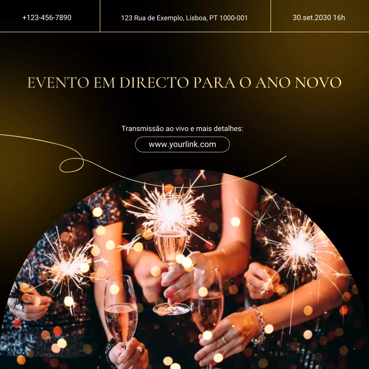 Anúncio do evento Black Gold Gradient para o Ano Novo nas redes sociais
