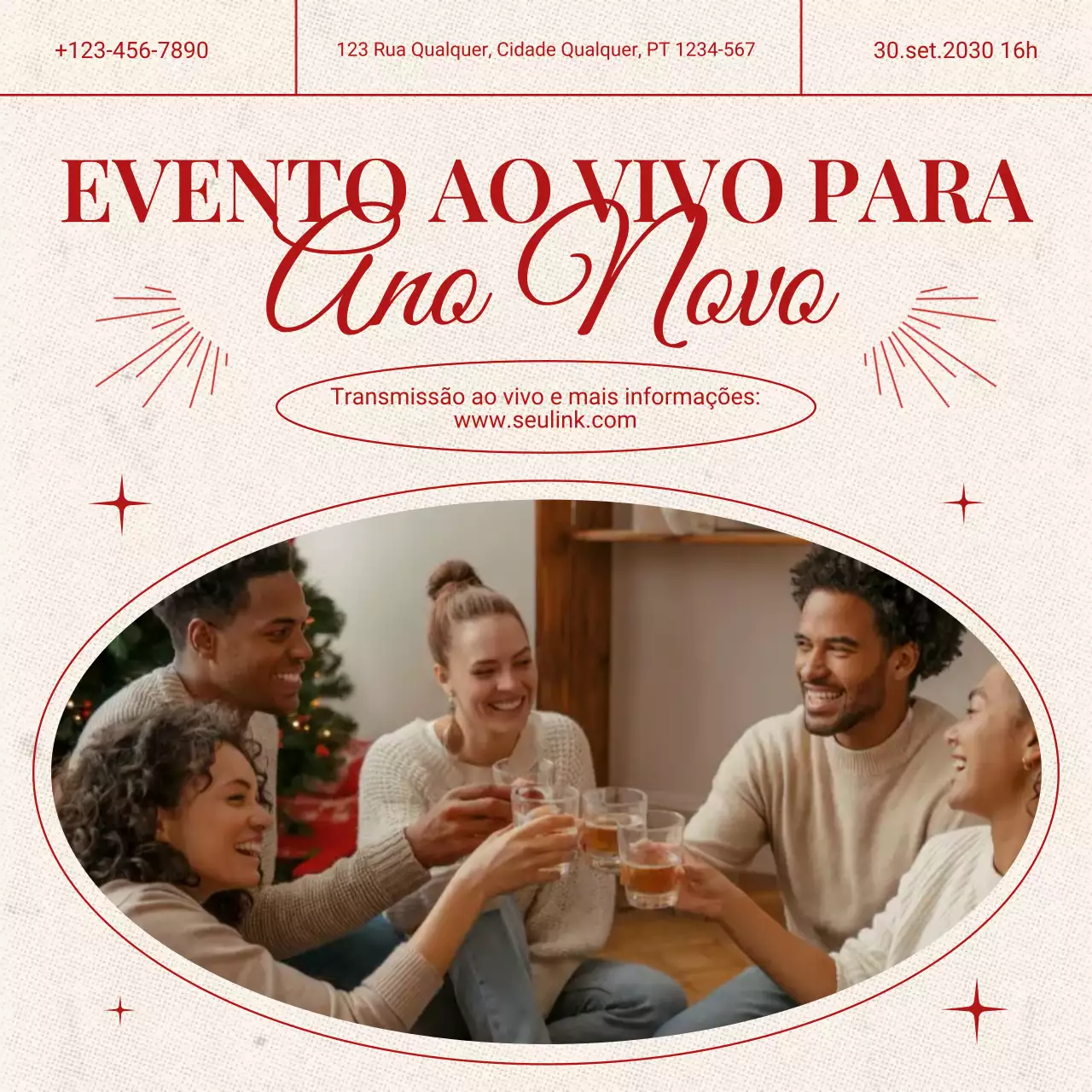 Anúncio de evento minimalista em tons de vermelho e bege para o Ano Novo nas redes sociais