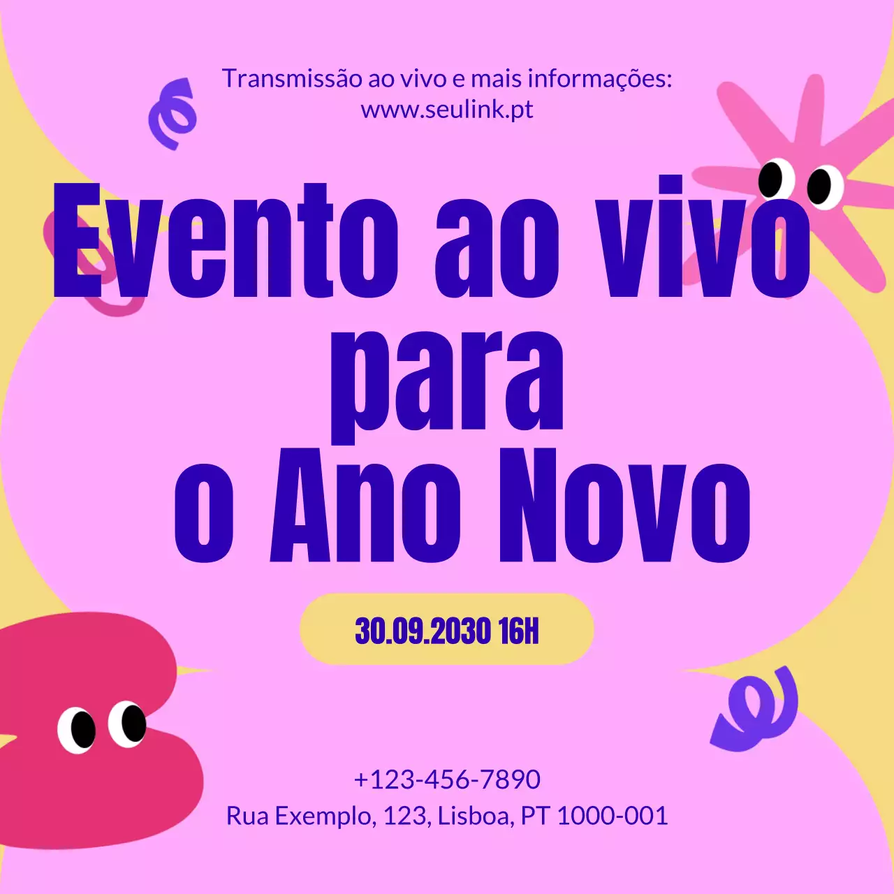 Anúncio divertido em tons de rosa e amarelo para o Ano Novo nas redes sociais