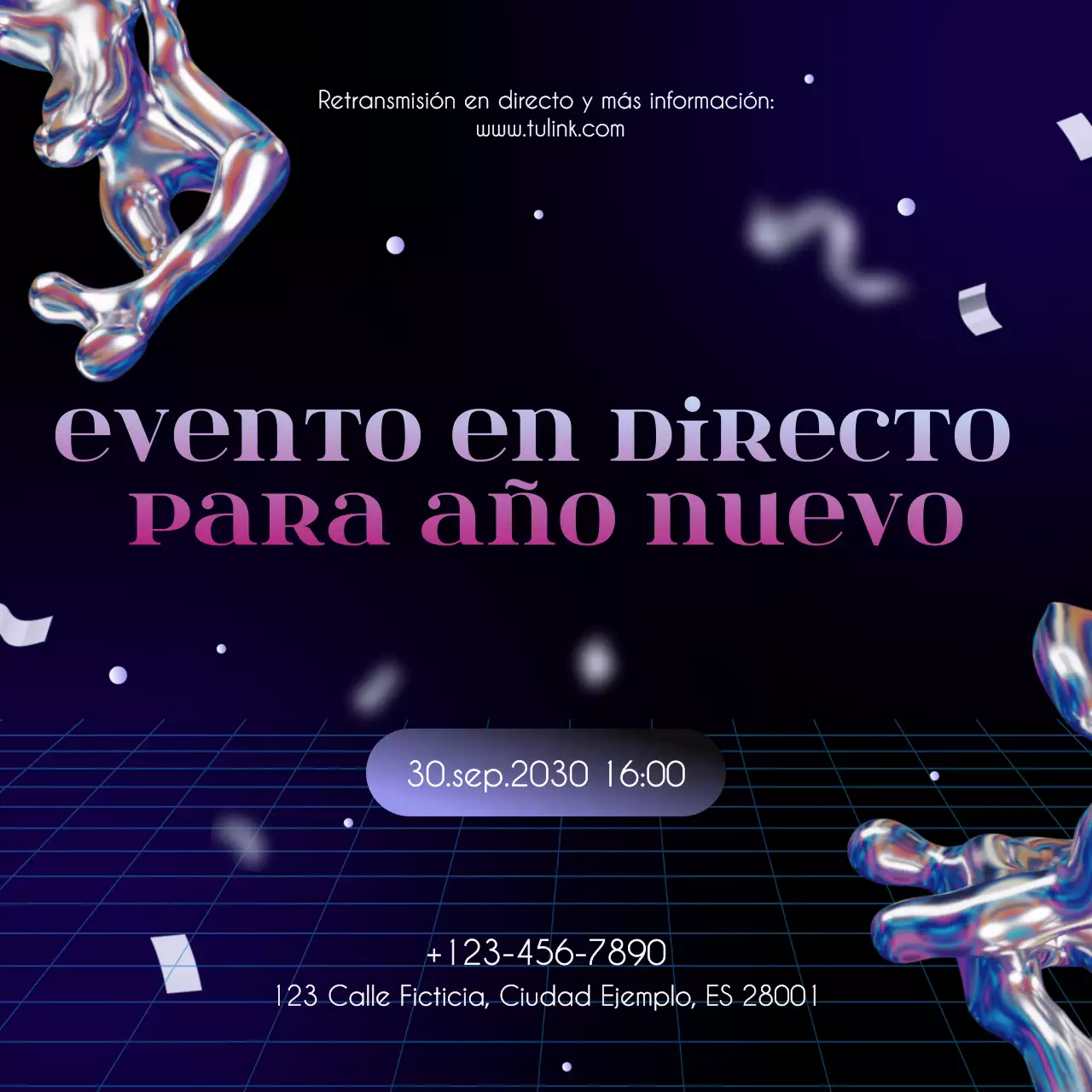 Anuncio de evento abstracto plateado y púrpura para redes sociales de Año Nuevo